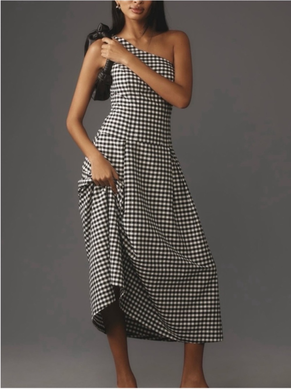 Anthropologie Black White Gingham One Shoulder Midi Dress Asymmetrical Medium